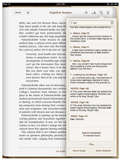 iBooks iPad app's inside-the-ebook search tool